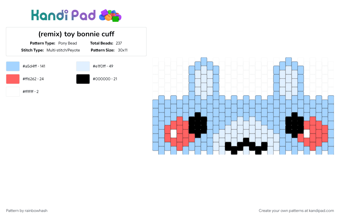 (remix) toy bonnie cuff - Pony Bead Pattern by mangle on Kandi Pad - animal, bunny rabbit, cute, five nights at freddys, fnaf, light blue, video game