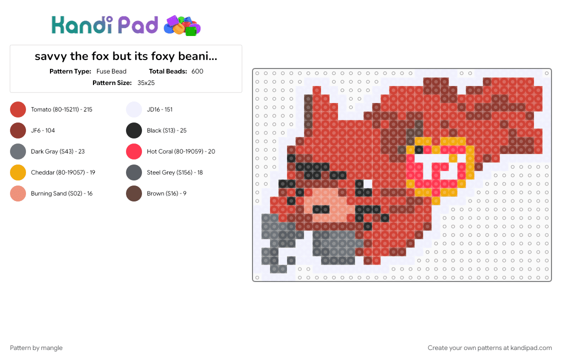 beanie baby: savvy the fox but its foxy - Fuse Bead Pattern by mangle on Kandi Pad - beanie babies, five nights at freddys, fnaf, fox, red, stuffed toy, ty