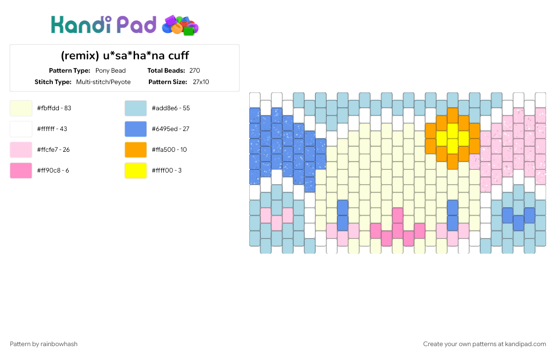 u*sa*ha*na cuff - Pony Bead Pattern by mangle on Kandi Pad - animal animals, colorful rainbow, cute kawaii, decora, light blue, pink, sanrio bunny rabbit, scene, scenemo, usahana hello kitty, white