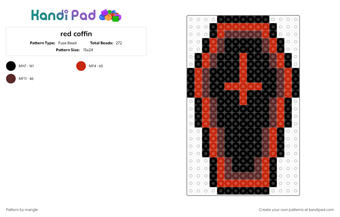 red coffin - Fuse Bead Pattern by mangle on Kandi Pad - 2000s, brown, death, emo, goth gothic, halloween, red, scenemo, vamp vampire, y2k