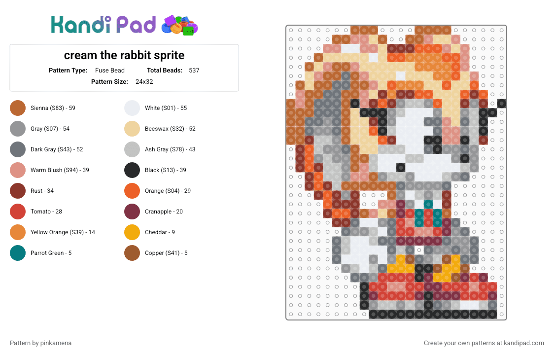 cream the rabbit sprite - Fuse Bead Pattern by pinkamena on Kandi Pad - tan,beige,red,gray,cute,kawaii,furry,animal,sonic the hedgehog,video game,sega,bunny