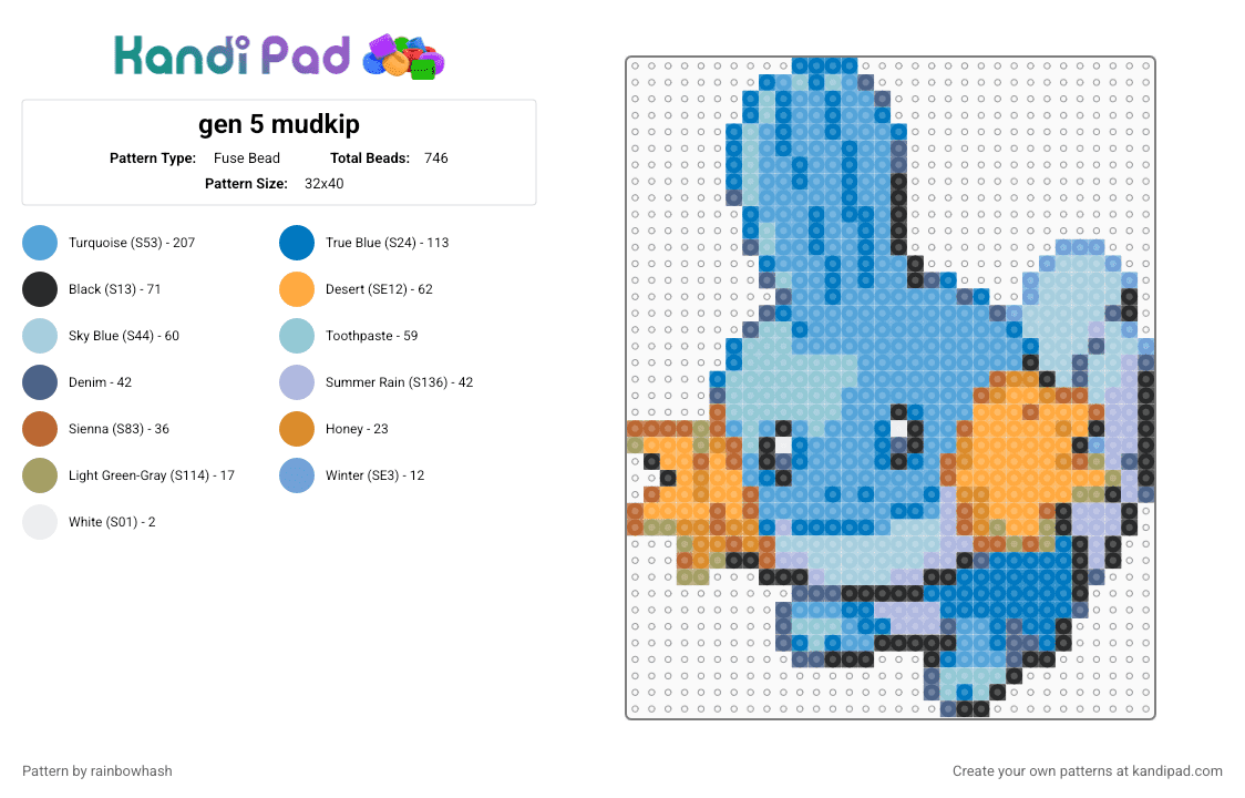 gen 5 mudkip - Fuse Bead Pattern by mangle on Kandi Pad - animal, blue, cute, kawaii, light blue, nintendo, pokmon, sea creature, video game