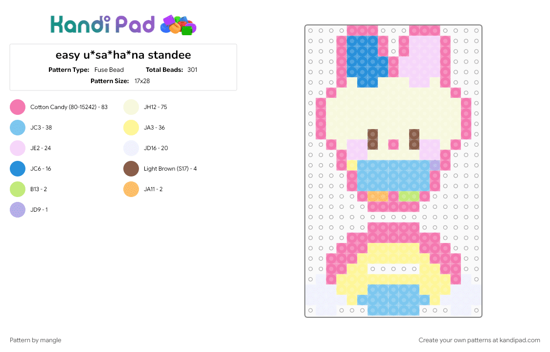 easy u*sa*ha*na standee - Fuse Bead Pattern by mangle on Kandi Pad - animal animals, beginner, bunny rabbit, cute kawaii, light blue, pink, sanrio, usahana