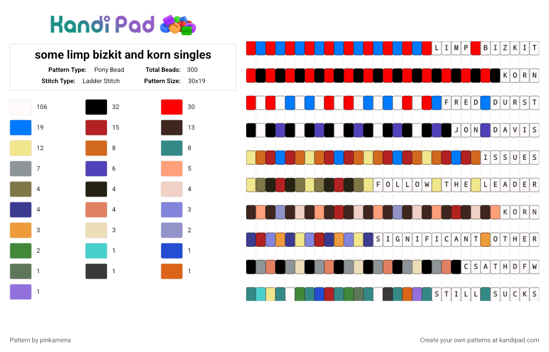 some limp bizkit and korn singles - Pony Bead Pattern by mangle on Kandi Pad - band, blue, bracelet, bracelets, brown, colorful, music, nu metal, numetal, red, rock, single, white, yellow
