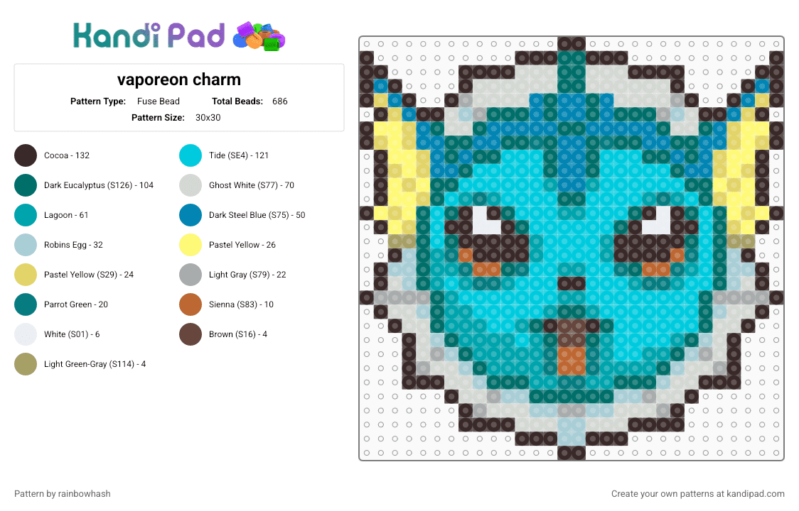 vaporeon charm - Fuse Bead Pattern by rainbowhash on Kandi Pad - animal, brown, eevee, eeveelution, light blue, nintendo, pokmon, sea creature, teal, video game