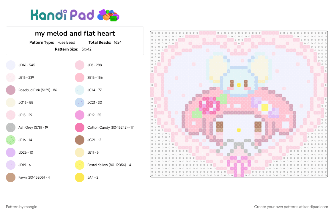my melody and flat heart - Fuse Bead Pattern by mangle on Kandi Pad - animal animals, bunny rabbit, cute kawaii, decora, love, mouse, my melody, pink, sanrio hello kitty, white