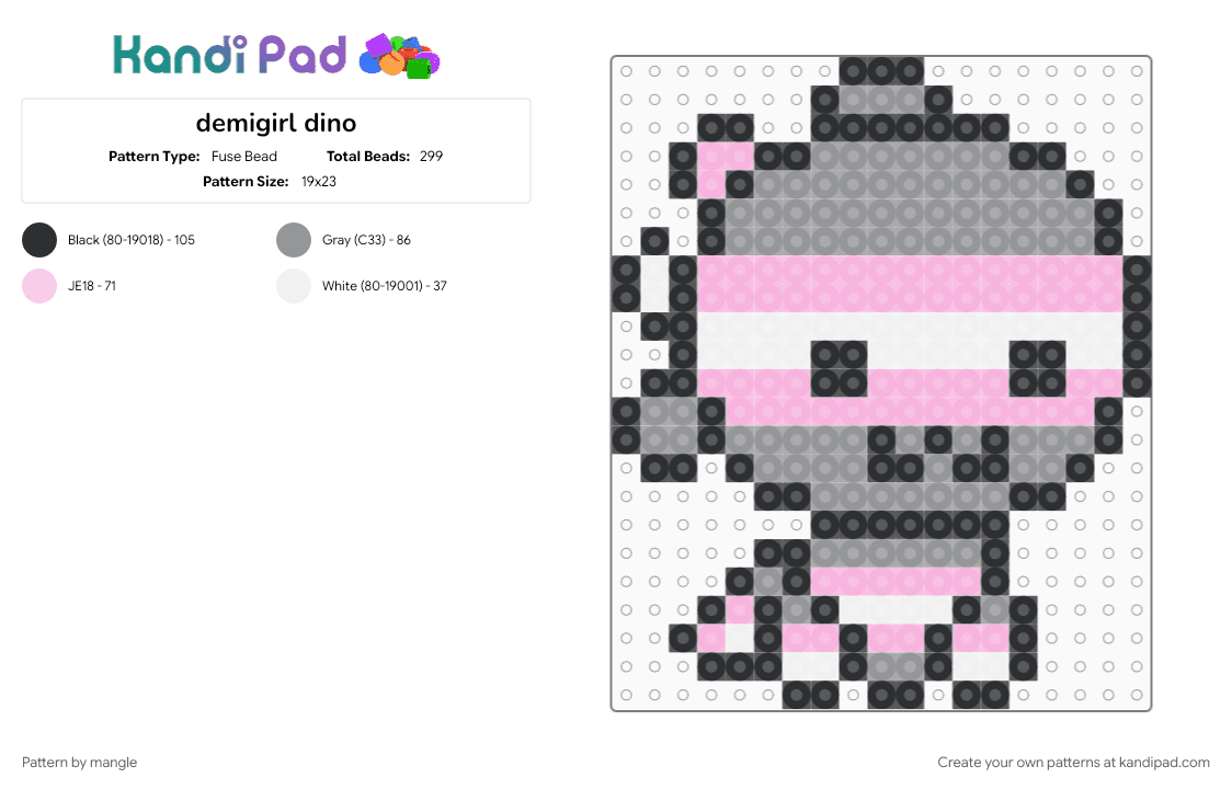 demigirl dino - Fuse Bead Pattern by mangle on Kandi Pad - demi girl, dinosaur, gender, gray, lgbt, lgbtq, lgbtqia, pink, pride