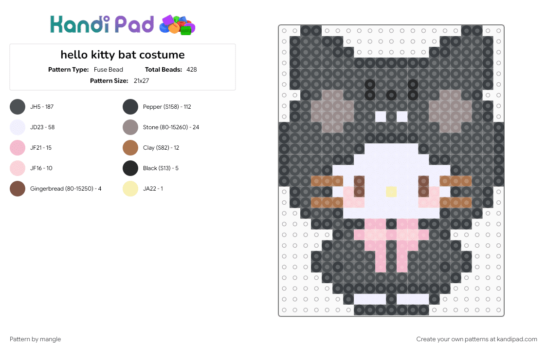 hello kitty bat costume - Fuse Bead Pattern by mangle on Kandi Pad - animal, animals, cute kawaii, emo gothic, gray, kitten, kitty cat, sanrio, vamp vampire