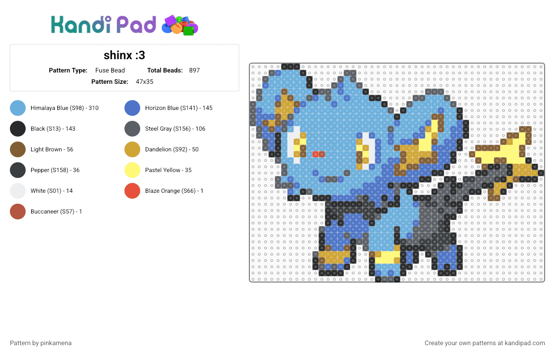 shinx :3 - Fuse Bead Pattern by rainbowhash on Kandi Pad - light blue,gray,blue,cute,kawaii,animal,cub,pokmon