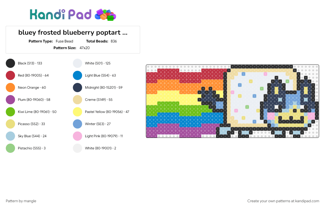 bluey frosted blueberry poptart nyan puppy =33 - Fuse Bead Pattern by mangle on Kandi Pad - animals, cartoon puppy dog, character animal, colorful, colorful rainbow, cute kawaii, green, nyan cat, orange, pink, purple