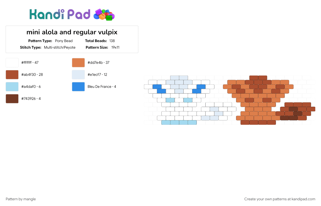mini alola and regular vulpix - Pony Bead Pattern by mangle on Kandi Pad - animal animals, cute kawaii, fox, games, keychain easy, nintendo video game, orange, pokemon, red, small charm charms