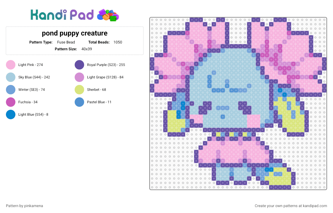 pond puppy creature - Fuse Bead Pattern by pinkamena on Kandi Pad - purple,pink,light blue,cute,kawaii,chibi,sprite,dog,sea creature,flowers,animal
