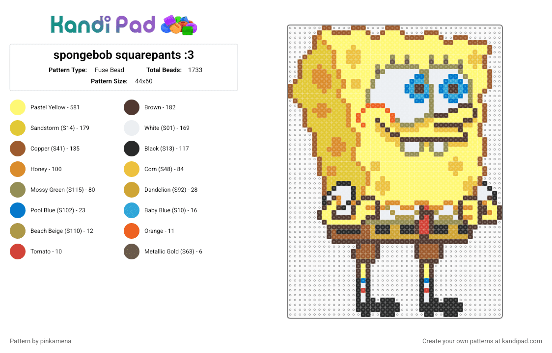spongebob squarepants :3 - Fuse Bead Pattern by pinkamena on Kandi Pad - brown,yellow,cartoon,2000s,nickelodeon,cartoons
