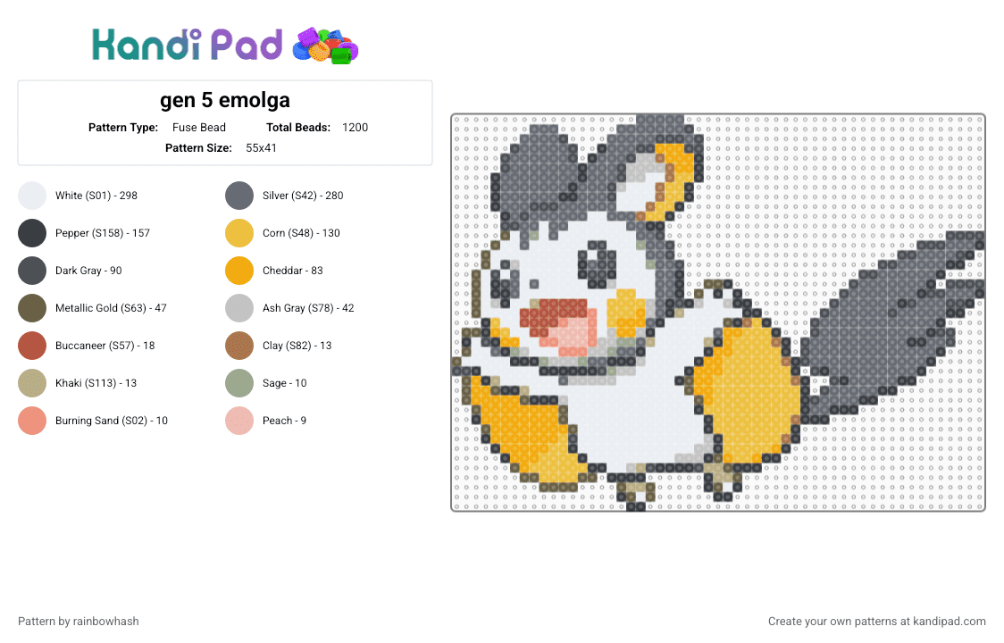 gen 5 emolga - Fuse Bead Pattern by rainbowhash on Kandi Pad - animal, cute, flying squirrel, gray, kawaii, nintendo, pokmon, video game, yellow