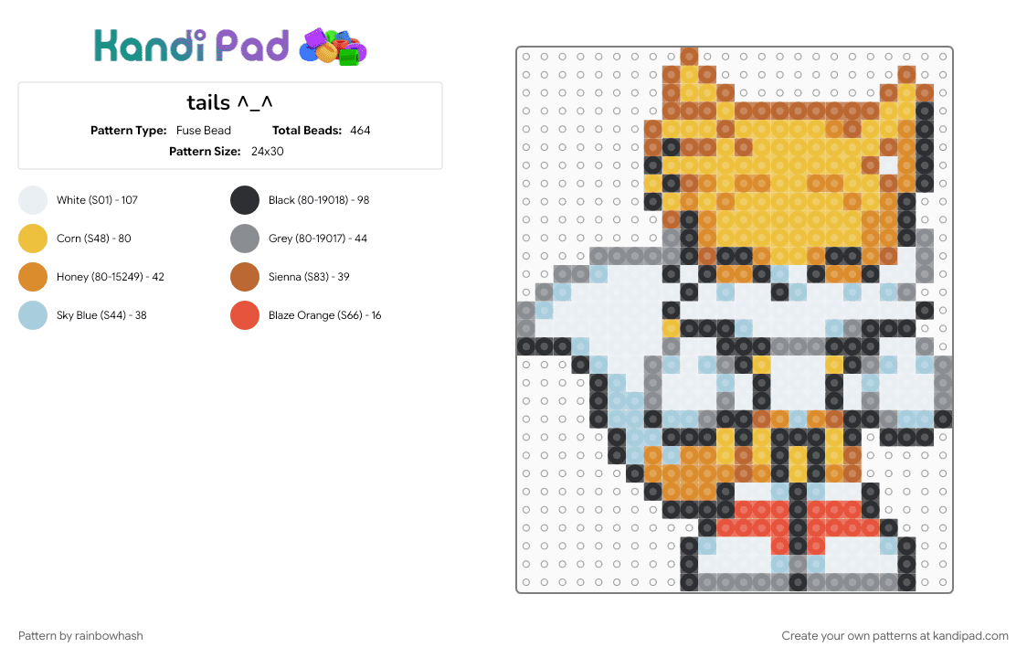 tails ^_^ - Fuse Bead Pattern by mangle on Kandi Pad - gray, miles prower, orange, sonic the hedgehog, video game, yellow