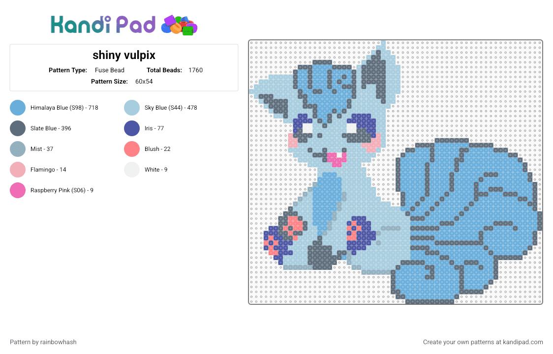 shiny vulpix - Fuse Bead Pattern by rainbowhash on Kandi Pad - light blue,gray,pokmon,cute,kawaii,animal,nintendo,video game