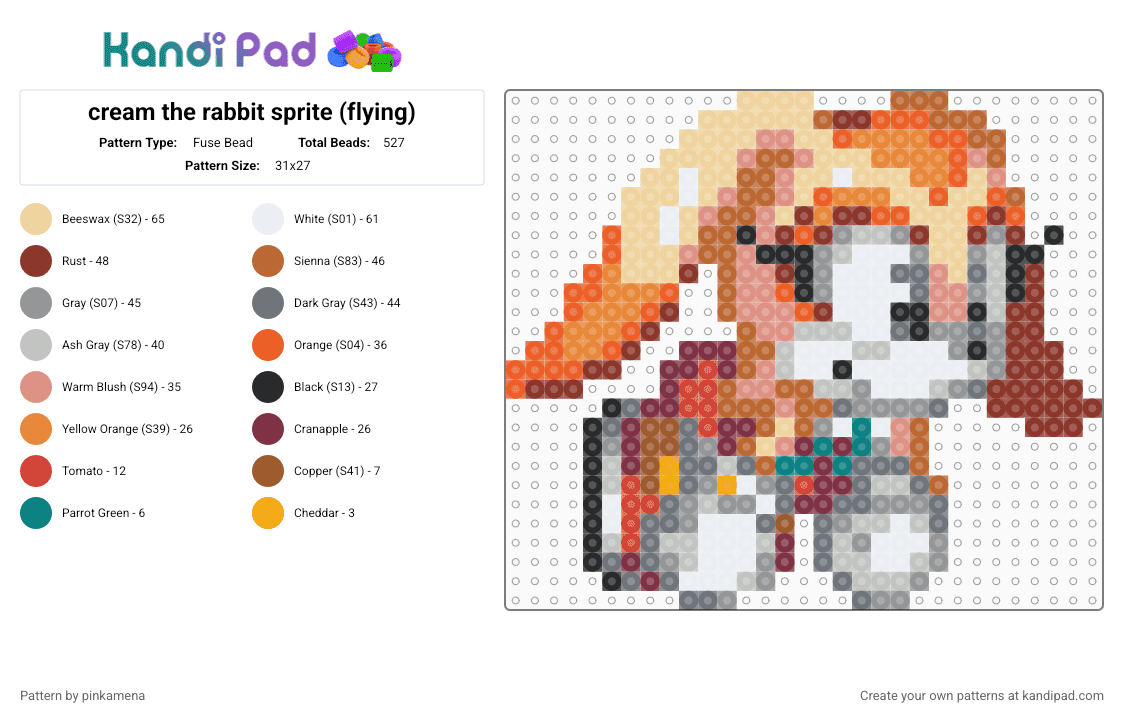 cream the rabbit sprite (flying) - Fuse Bead Pattern by rainbowhash on Kandi Pad - cute,kawaii,video game,sonic the hedgehog,furry,animal,animals,bunny