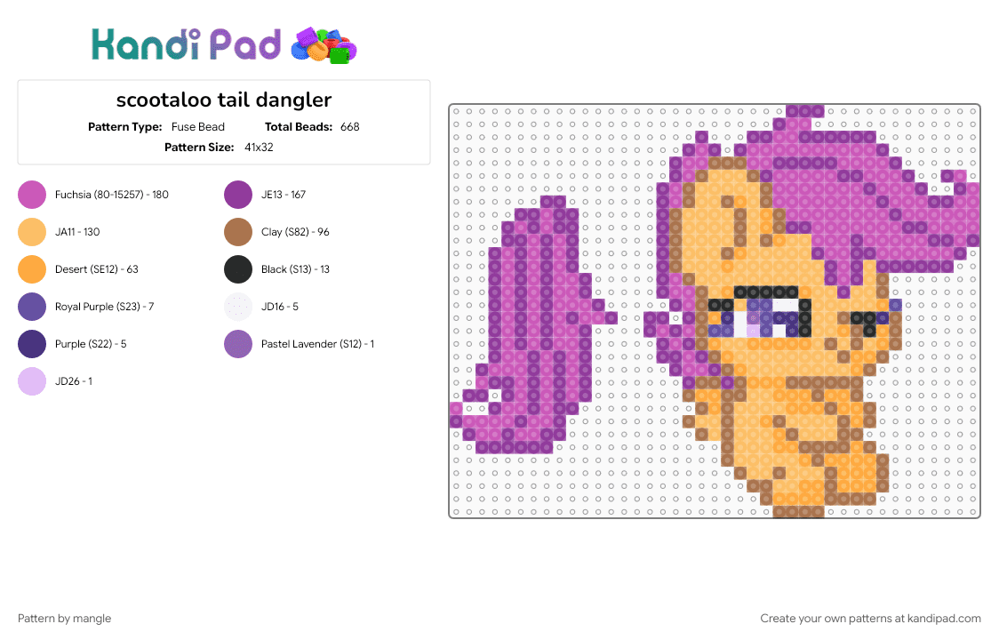 scootaloo tail dangler - Fuse Bead Pattern by mangle on Kandi Pad - 2010s, animal animals, cute kawaii, dangle, horse cartoon, keychain, mlp, my little pony, orange, pink