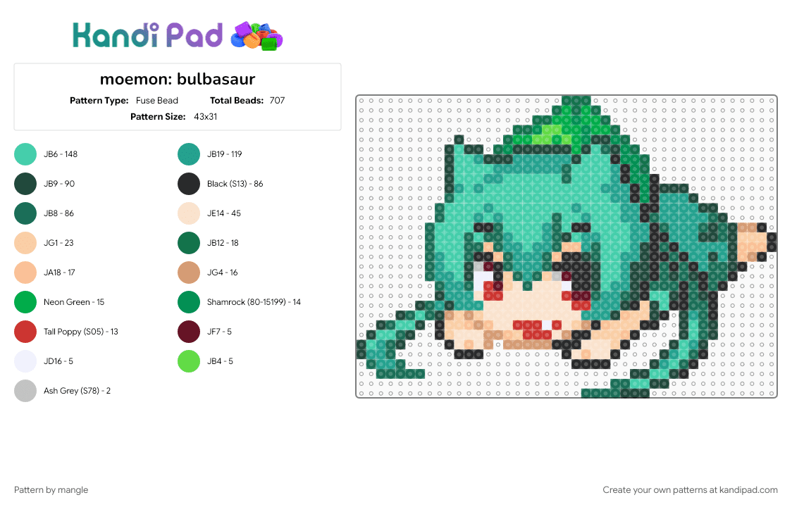 moemon: bulbasaur (v1) - Fuse Bead Pattern by mangle on Kandi Pad - 2000s, anime, beige, cute kawaii, eeveelution, nintendo, pokemon, teal, video game, y2k