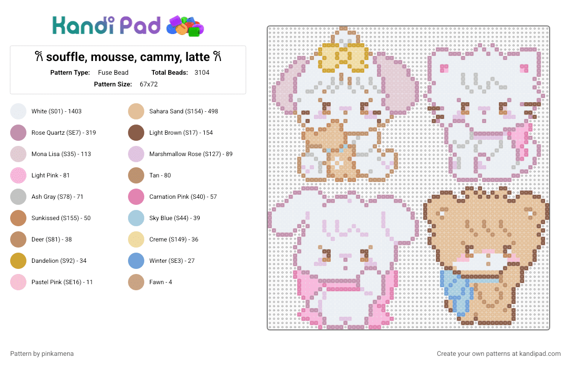𐙚 souffle, mousse, cammy, latte 𐙚 - Fuse Bead Pattern by pinkamena on Kandi Pad - white,pink,beige,mikko,cute,kawaii,cat,kitty,bear,animal,puppy dog