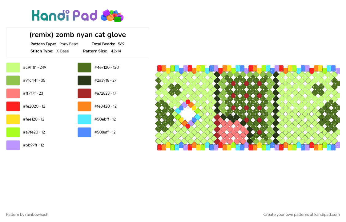 (remix) zomb nyan cat glove - Pony Bead Pattern by rainbowhash on Kandi Pad - accessory, cute, decora, gold, kitty cat, scene, scenemo, undead, yellow, zombie