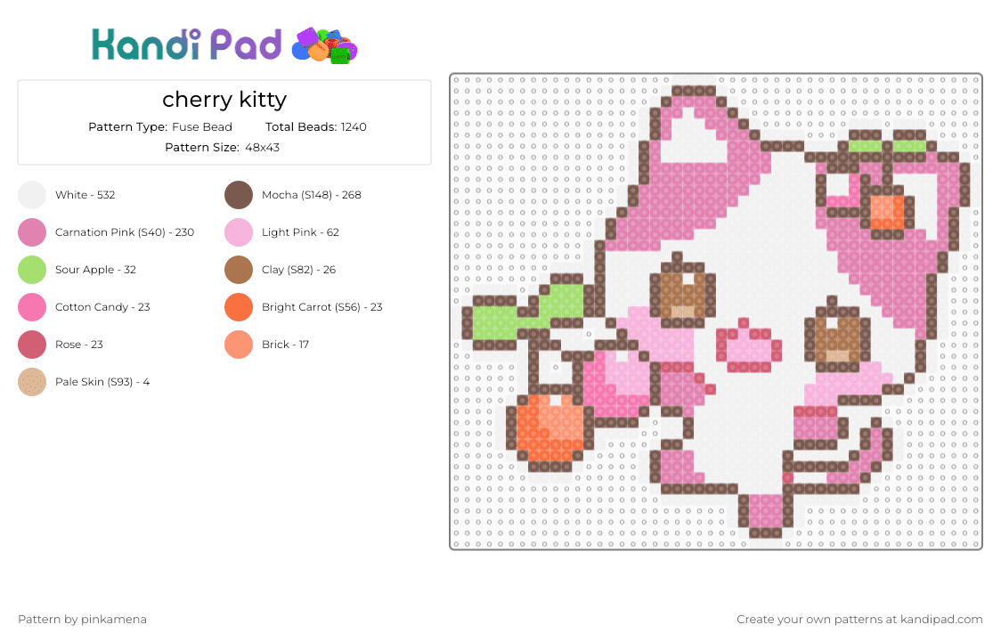 cherry kitty - Fuse Bead Pattern by pinkamena on Kandi Pad - white,tan,pink,cute,kawaii,cat,food,cartoon,fruit,kitten,animal