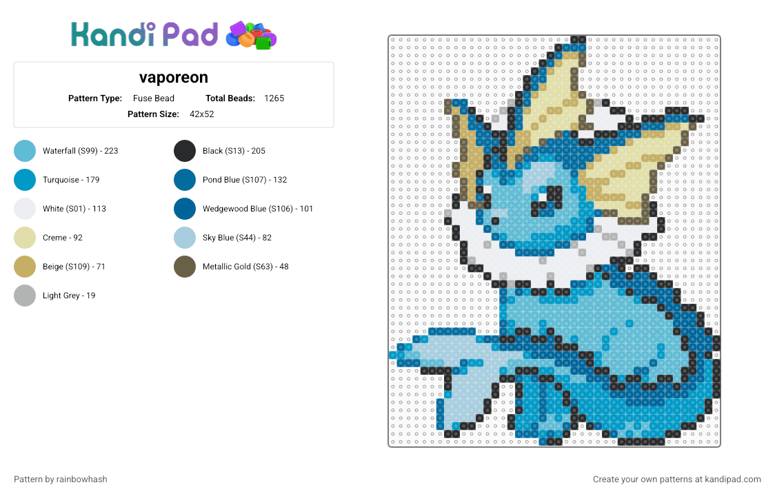 vaporeon - Fuse Bead Pattern by rainbowhash on Kandi Pad - animal, blue, eevee, eeveelution, light blue, nintendo, pokmon, sea creature, video game
