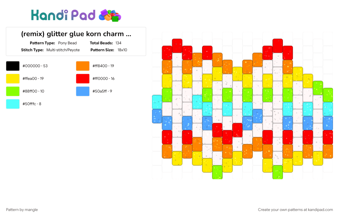 glitter glue korn charm logo - Pony Bead Pattern by mangle on Kandi Pad - 2000s, keychain colorful, light blue, nu metal rock, numetal music, orange, rainbow, red, scene accessory, scenemo, yellow