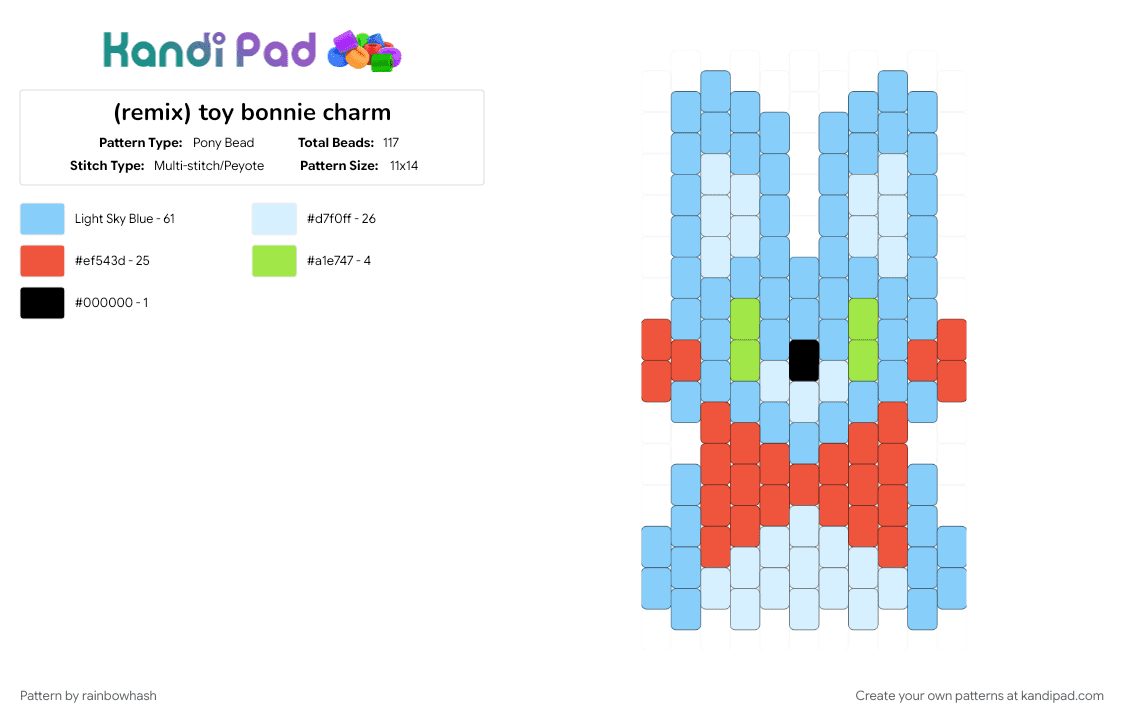 (remix) toy bonnie charm - Pony Bead Pattern by mangle on Kandi Pad - animal, bunny rabbit, cute, five nights at freddys, fnaf, keychain, light blue, video game