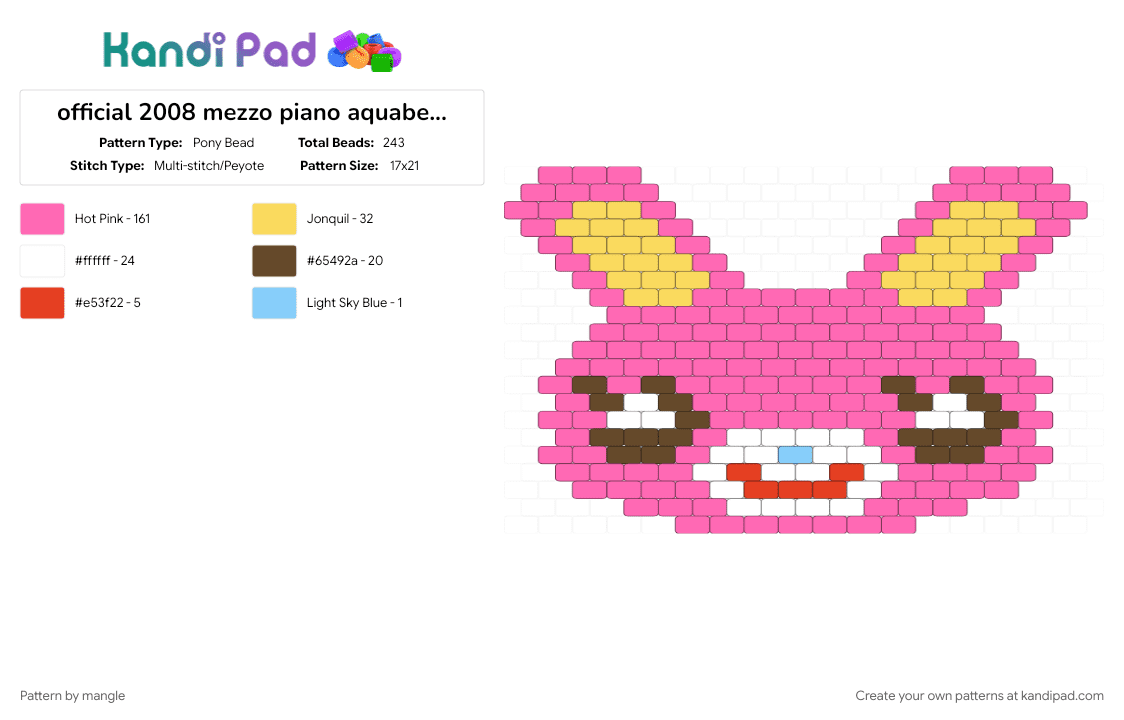 official 2008 mezzo piano aquabeads set (aq-s09) (2) - Pony Bead Pattern by mangle on Kandi Pad - 2000s y2k, animal animals, bunny rabbit, cute kawaii, cutecore kawaiicore, decora colorful, pink