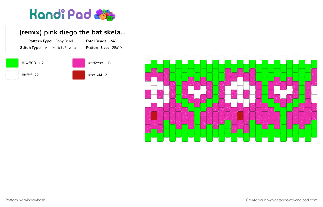 (remix) pink diego the bat skelanimals cuff - Pony Bead Pattern by mangle on Kandi Pad - animal, animals, colorful, cute, decora, green, neon, pink, scene, scenecore