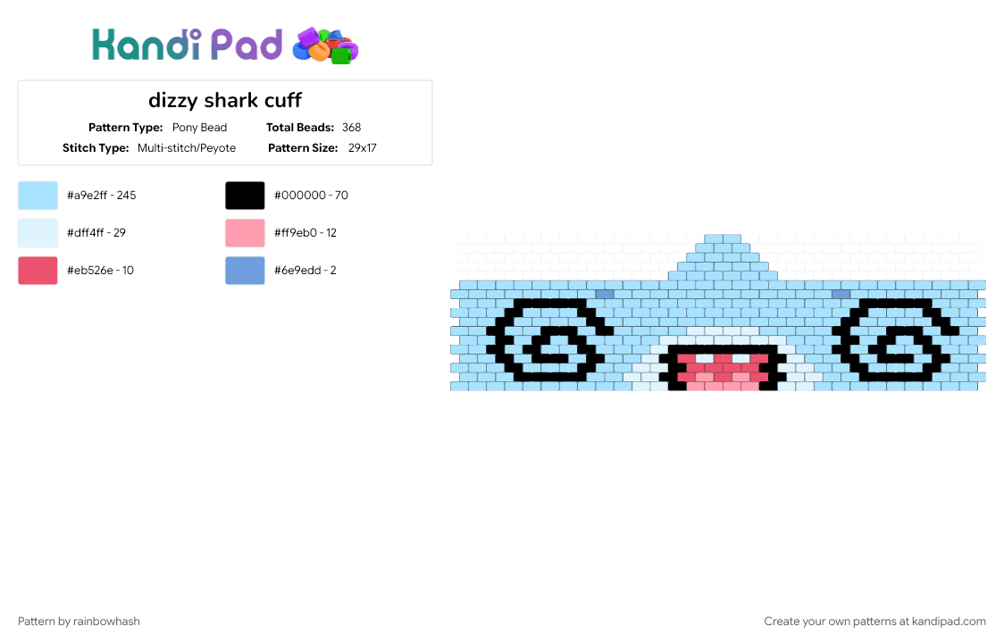 dizzy shark cuff - Pony Bead Pattern by mangle on Kandi Pad - animal, animals, cute, light blue, sea creature, sharks, water