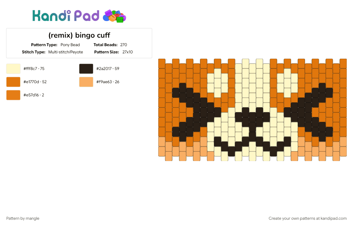 bingo cuff - Pony Bead Pattern by mangle on Kandi Pad - animal animals, bluey, cartoon character, cute kawaii, orange, puppy dog, yellow