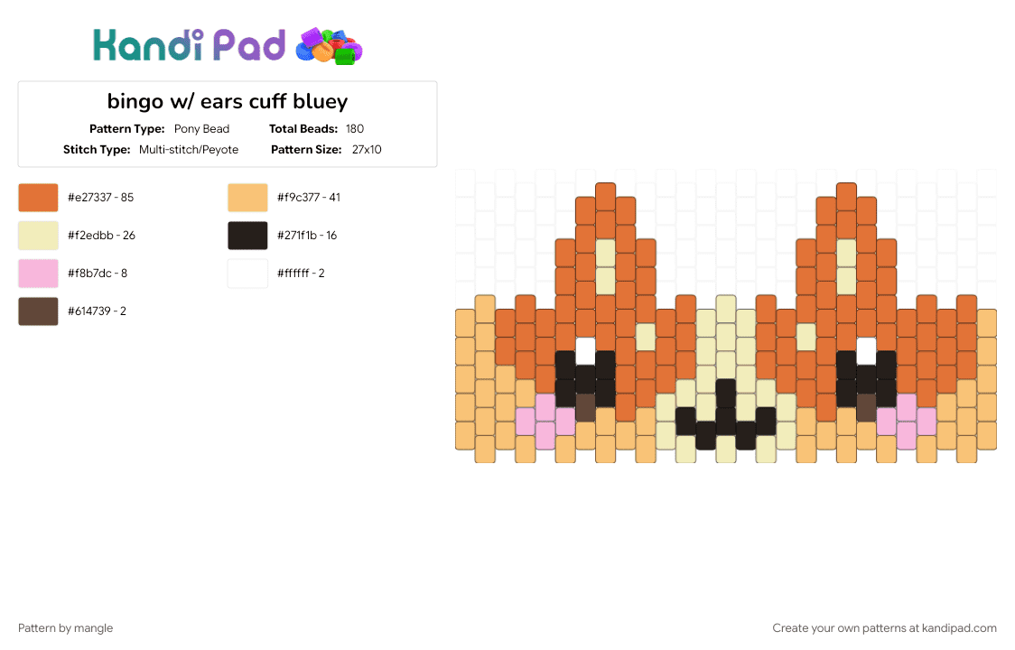 bingo w/ ears cuff bluey - Pony Bead Pattern by mangle on Kandi Pad - animal animals, animated, animation, bluey, cartoon character, cute kawaii, orange, puppy dog, tv show
