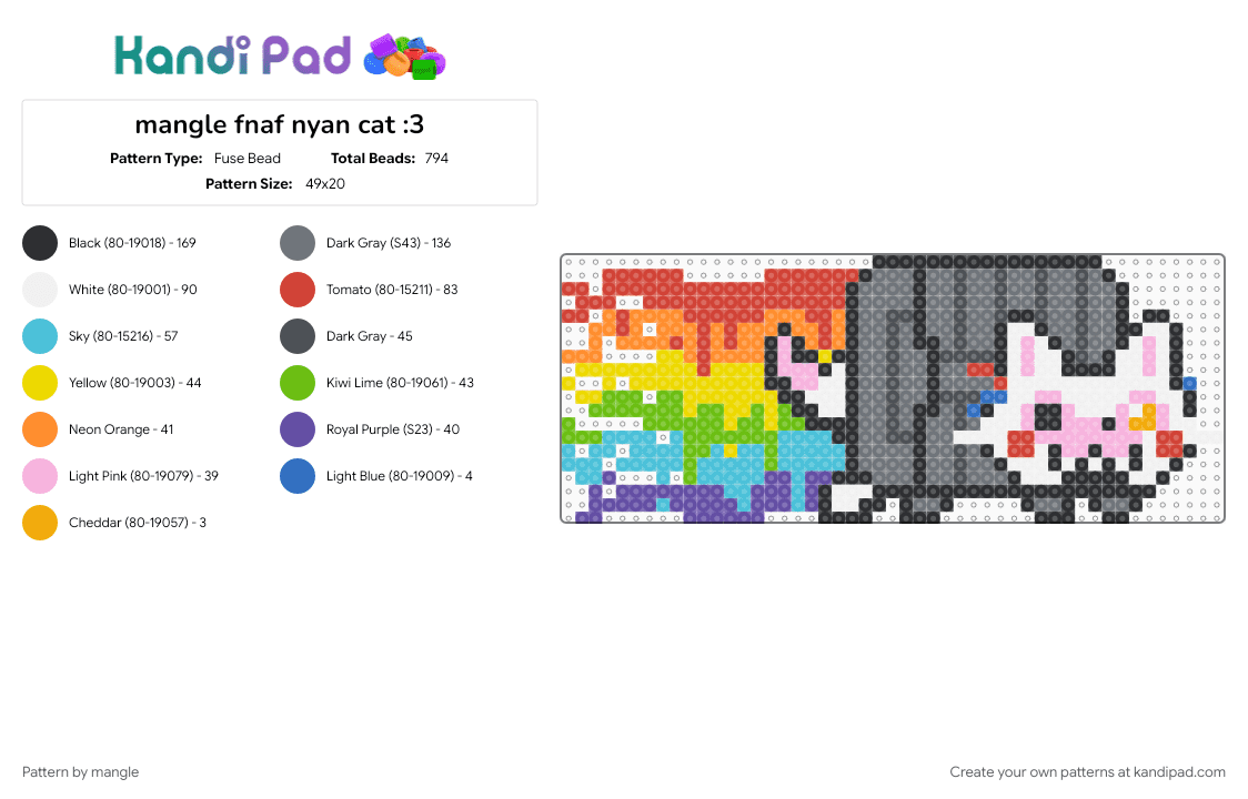 mangle fnaf nyan cat :3 - Fuse Bead Pattern by mangle on Kandi Pad - 2010s, five nights at freddys, fox, gray, internet, light blue, nostalgia, pirate, red, video game
