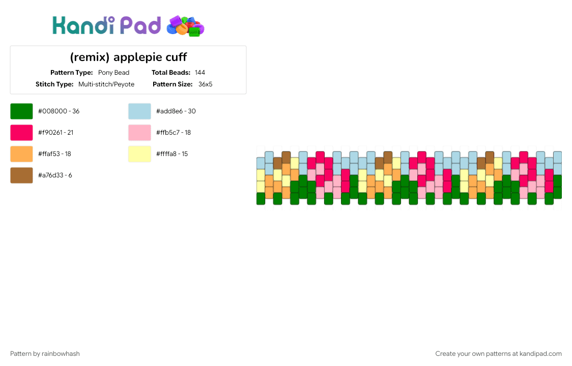 applepie cuff - Pony Bead Pattern by mangle on Kandi Pad - apple jack, applejack, cartoon, green, light blue, mlp, my little pony, pinkie pie, red