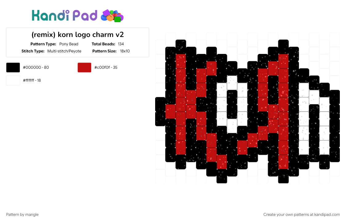 korn logo charm v2 - Pony Bead Pattern by mangle on Kandi Pad - 2000s, edgy, emo, nu metal rock, numetal music, red, scene keychain, scenemo accessory, white