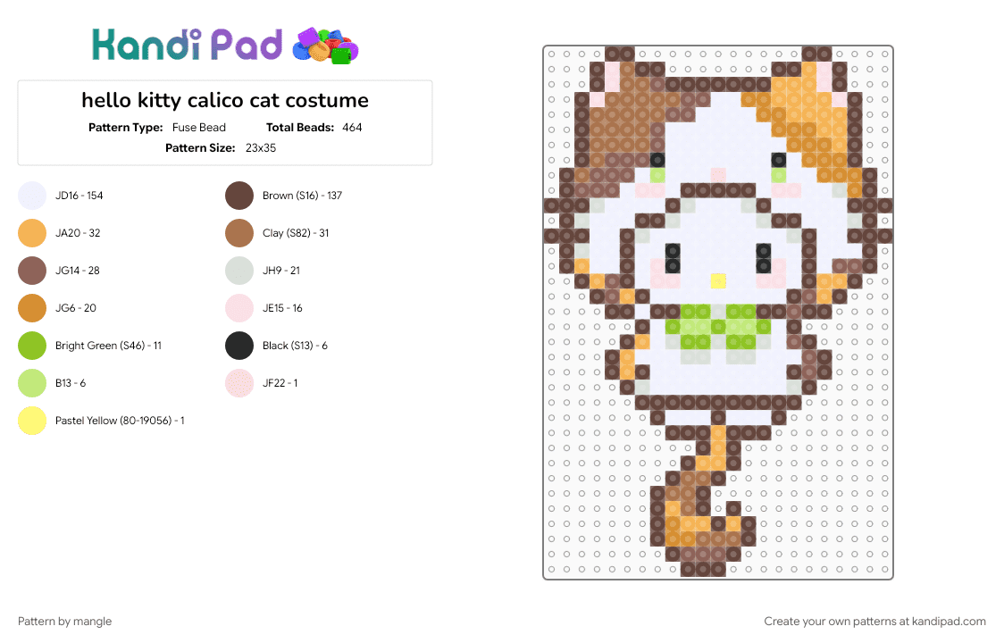 hello kitty calico cat costume - Fuse Bead Pattern by mangle on Kandi Pad - brown, cute kawaii, keychain, kitten cat, orange, pet, sanrio, tan, white