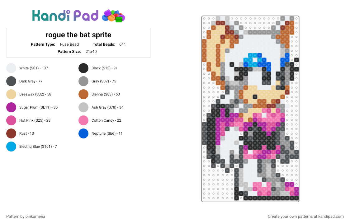 rogue the bat sprite - Fuse Bead Pattern by pinkamena on Kandi Pad - beige,gray,tan,pink,cute,kawaii,furry,animal,animals,video game,sega,sonic the hedgehog