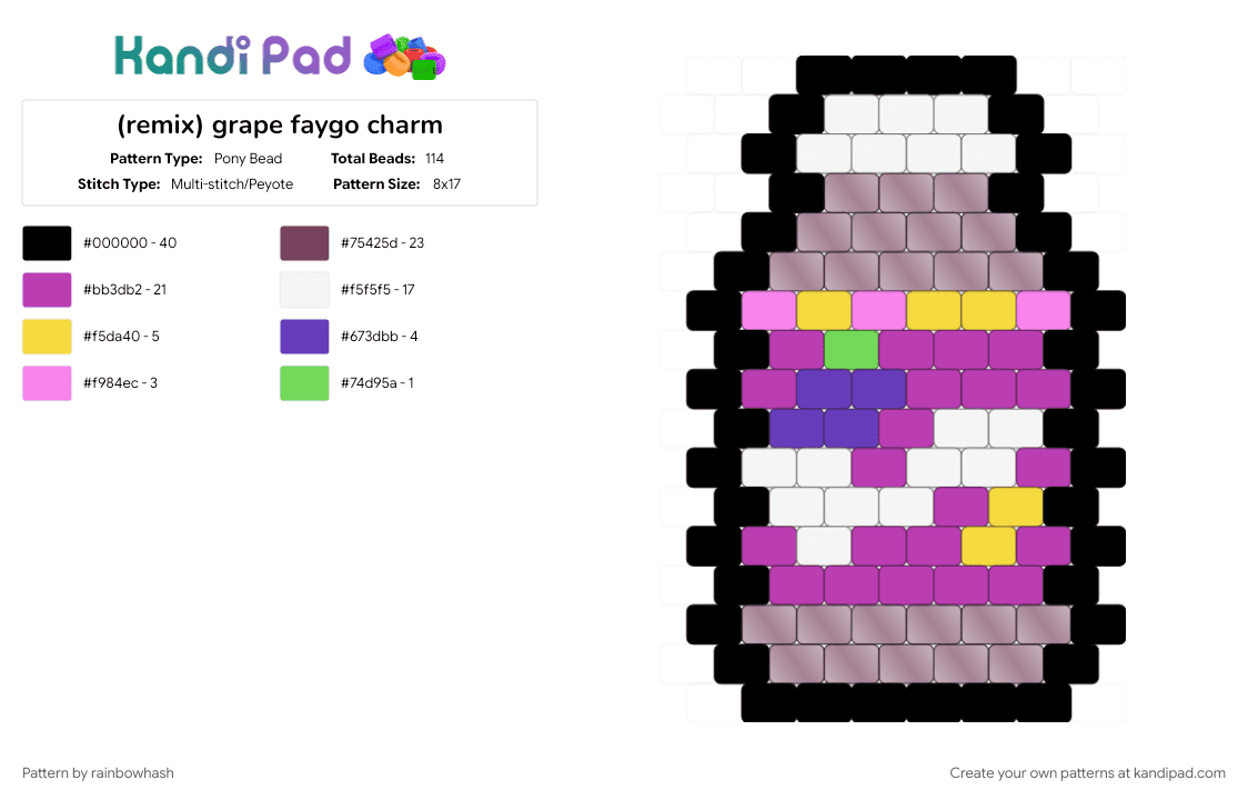 (remix) grape faygo charm - Pony Bead Pattern by mangle on Kandi Pad - drink, food, icp, insane clown posse, keychain, pink, pop, soda