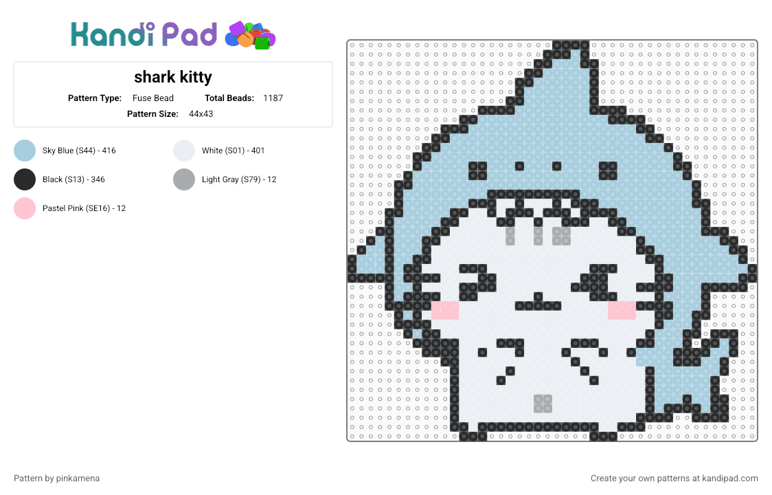 shark kitty - Fuse Bead Pattern by pinkamena on Kandi Pad - light blue,cute,kawaii,cat,kitten,sea creature,animal,costume,animals