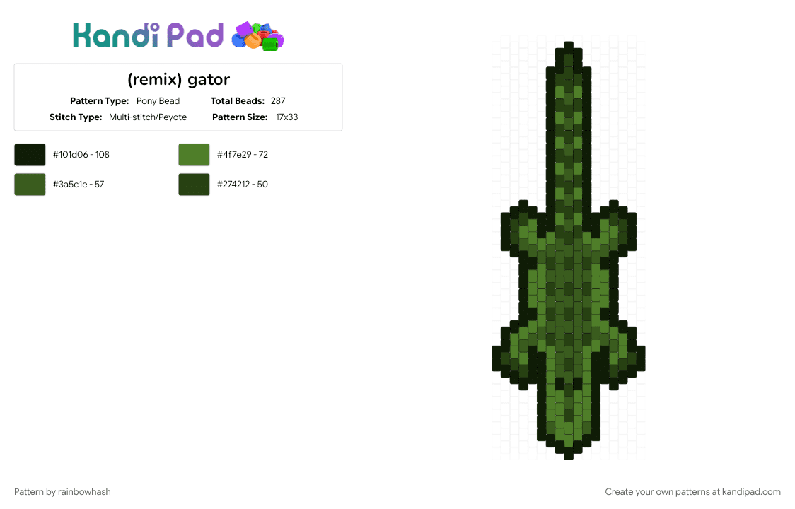 (remix) gator - Pony Bead Pattern by rainbowhash on Kandi Pad - alligator, animal, animals, crocodile, doll, gold, green, keychain, reptile, reptiles