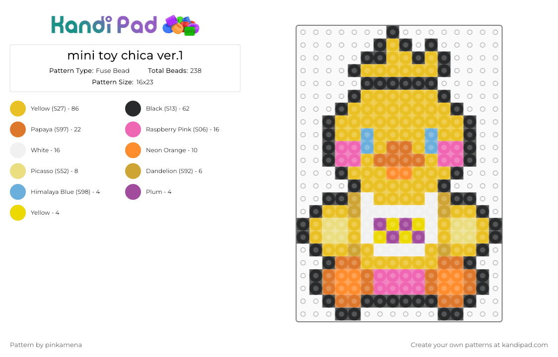 mini toy chica ver.1 - Fuse Bead Pattern by rainbowhash on Kandi Pad - yellow,orange,small,tiny,charm,keychain,fnaf,five nights at freddys,video game,easy