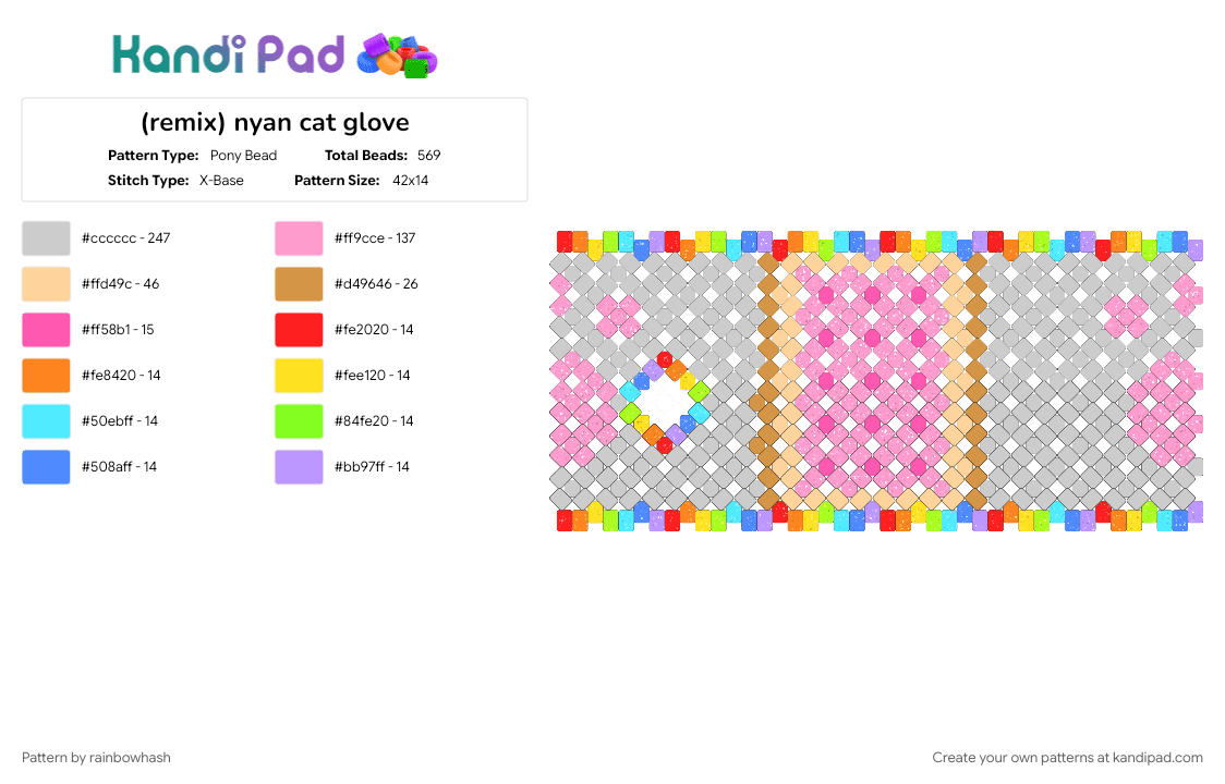 (remix) nyan cat glove - Pony Bead Pattern by rainbowhash on Kandi Pad - accesory, animal, animals, beige, cute, decora, kitty cat, orange, pink, scene, wearable, white