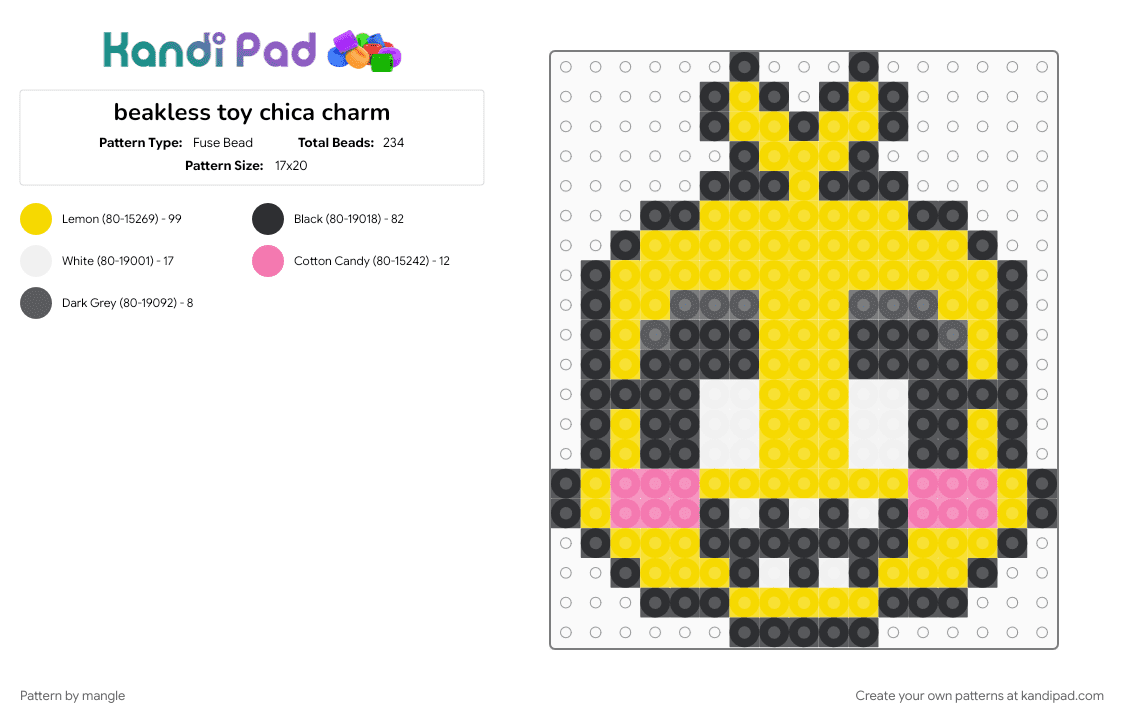 beakless toy chica charm - Fuse Bead Pattern by mangle on Kandi Pad - charms, cute kawaii, five nights at freddys, fnaf, furry, keychain, video game, yellow