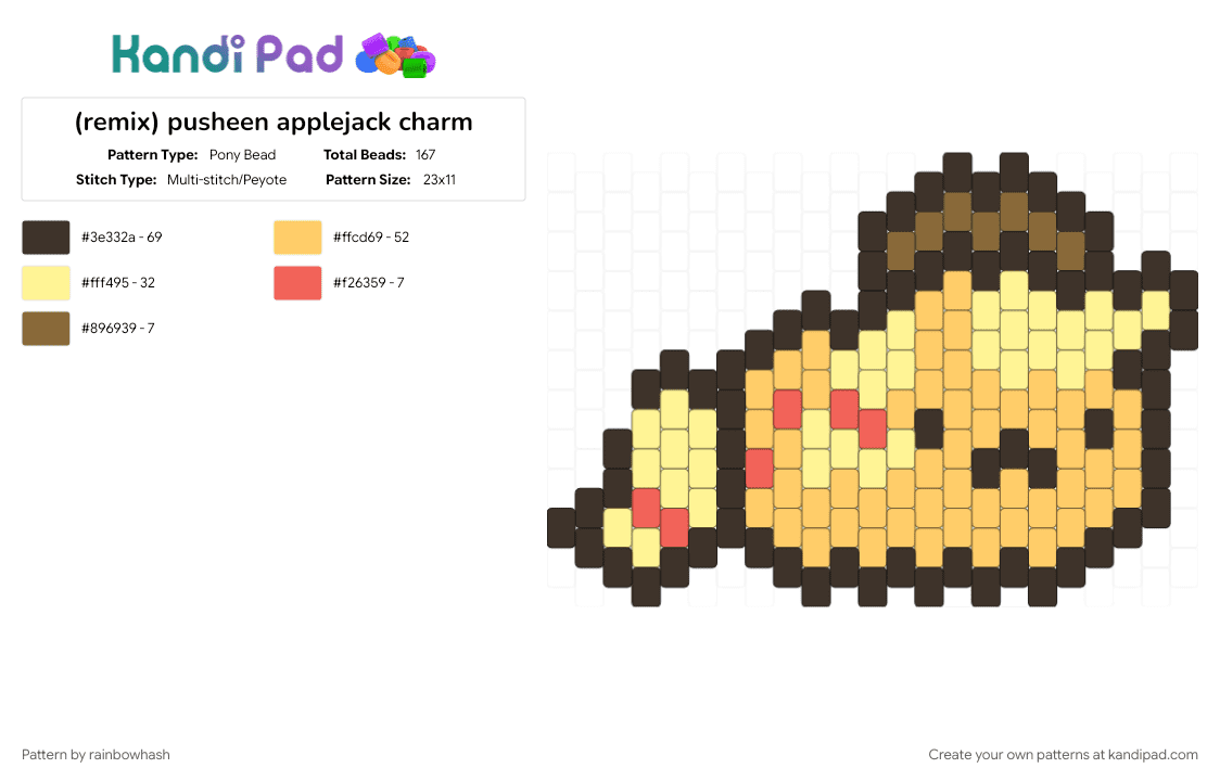 pusheen applejack charm - Pony Bead Pattern by mangle on Kandi Pad - apple jack, brown, cute, decora, kawaii, keychain, kitty cat, mlp, my little pony, yellow