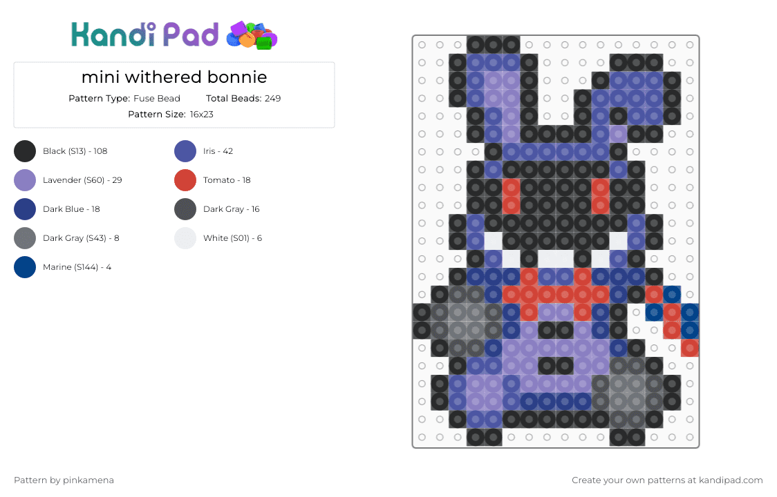 mini withered bonnie - Fuse Bead Pattern by pinkamena on Kandi Pad - black,purple,pink,small,tiny,charm,keychain,fnaf,five nights at freddys,video game,easy