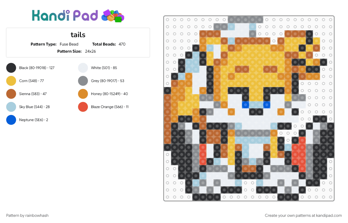 tails - Fuse Bead Pattern by mangle on Kandi Pad - gray, miles prower, orange, sonic the hedgehog, tan, video game, yellow