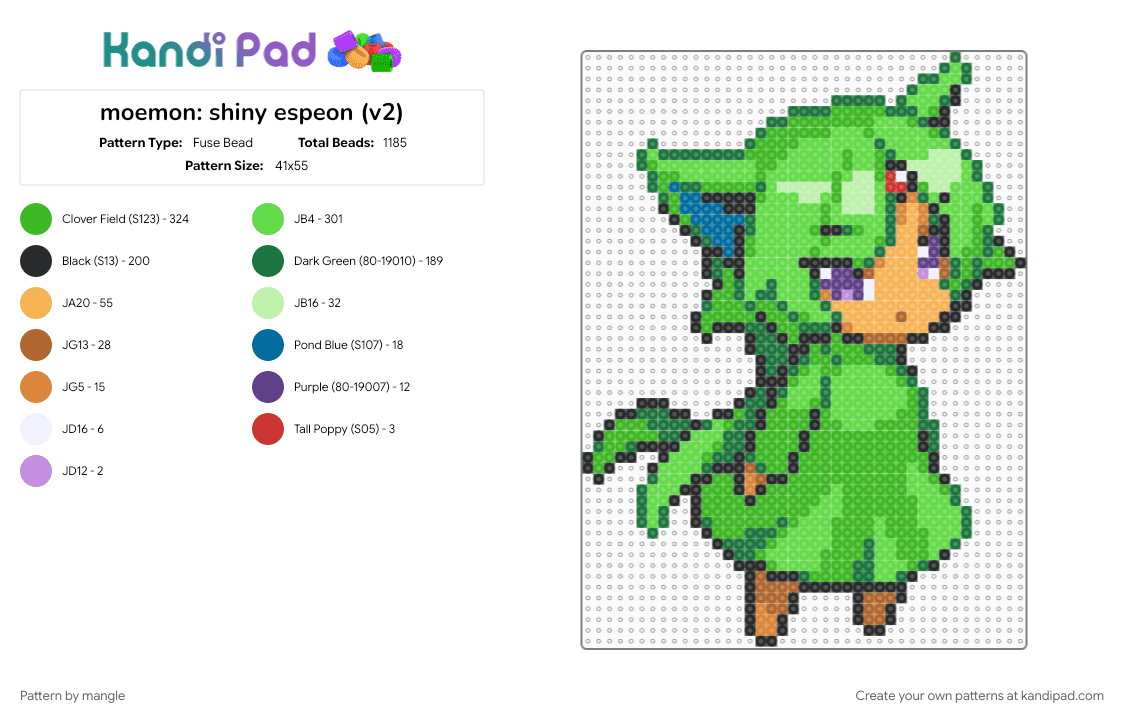 moemon: shiny espeon (v2) - Fuse Bead Pattern by mangle on Kandi Pad - 2000s, anime, cute kawaii, eeveelution, green, nintendo, pokemon, video game, y2k