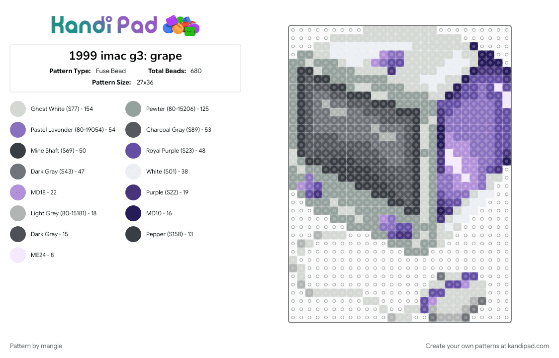 1999 imac g3: grape - Fuse Bead Pattern by mangle on Kandi Pad - 2000s y2k, 90s, computer, frutiger aero, gray, old tech, purple, retro technology